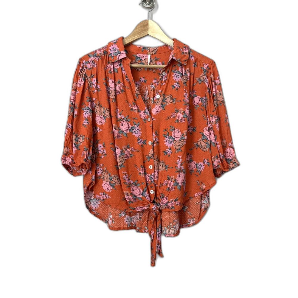 Free People Celia Printed Blouse Small Orange Floral Boho Flowy Tie Front Retro